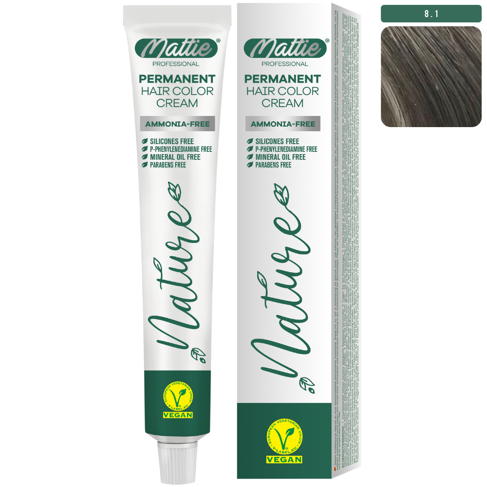 Mattie Professional Nature (8.1) Jasny Popielaty Blond - Wegańska Permanentna Kremowa Farba Do Włosów 60ml