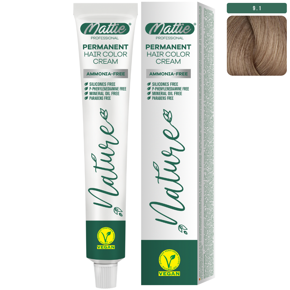 Mattie Professional Nature (9.1) Bardzo Jasny Popielaty Blond - Wegańska Permanentna Kremowa Farba Do Włosów 60ml